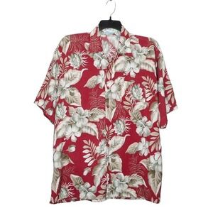 Memos World Wide‎ Shirt Mens Size L Red Floral Hawaiian Style Aloha Button-Up